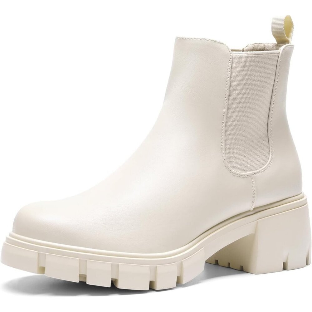 Dream Pairs Womens Beige Polyurethane (PU) Slip On Chunky Platform Ankle Boots